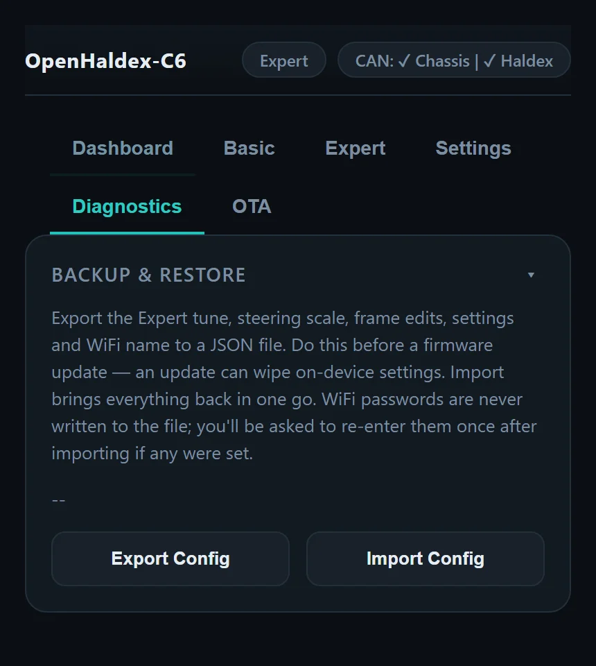 Backup and restore card with Export Config and Import Config buttons