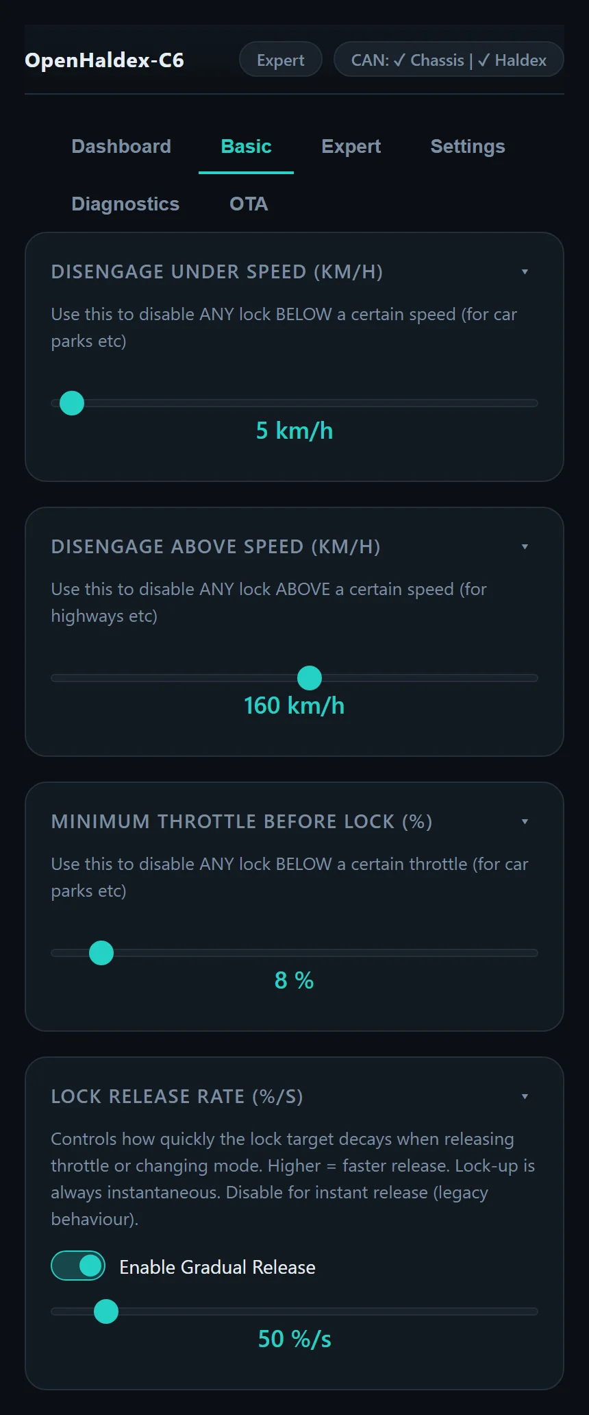 Basic page with speed, throttle and lock release rate sliders