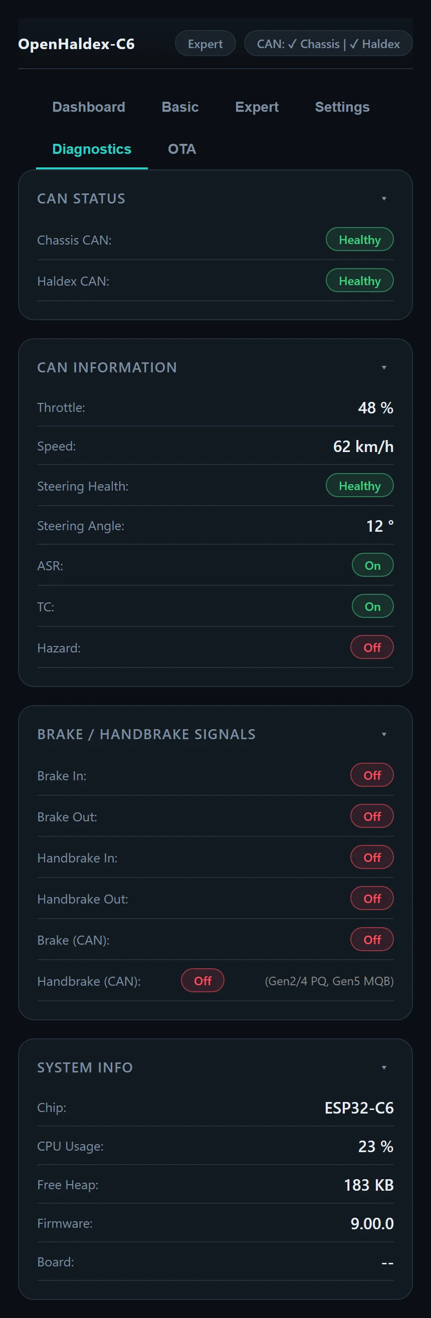 Diagnostics page with CAN status, CAN information, brake signals and system info