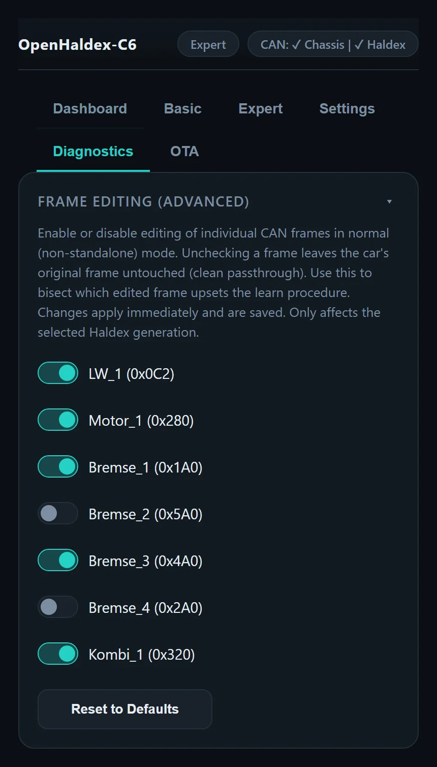 Frame editing toggles for individual CAN frames