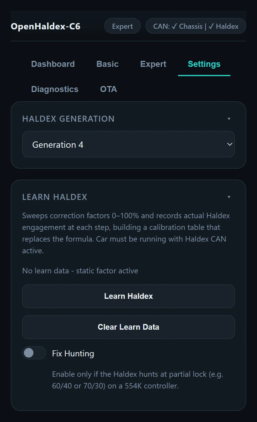 Haldex generation selector and the Learn Haldex card with Learn, Clear Learn Data and Fix Hunting