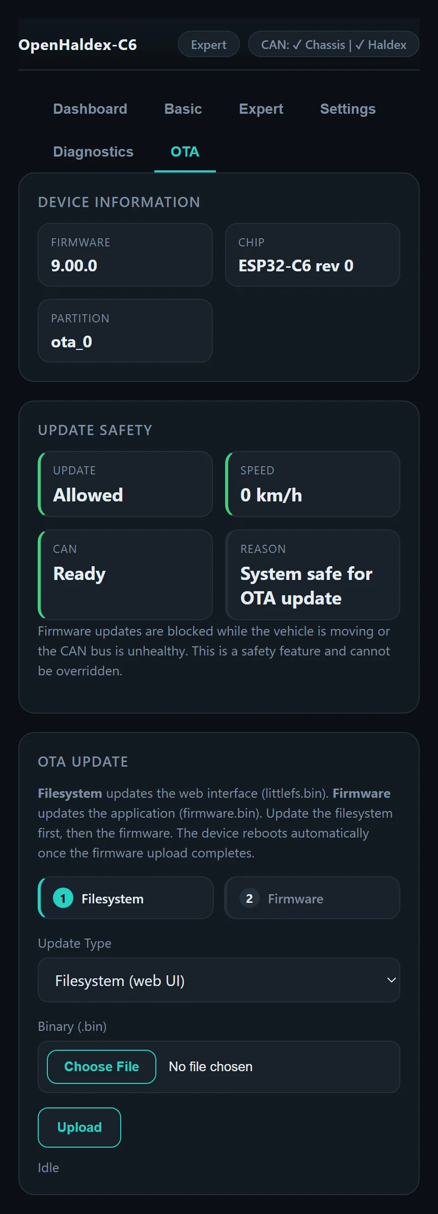 OTA page showing device information, update safety checks and the upload form
